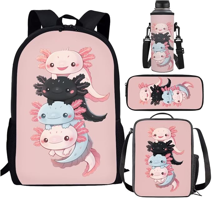 Cute Axolotl Backpack and Lunch Box for Girls 6-8/8-10 Pink Bookbag for 2nd Grade Primary/Elementary Book Bag Lunchbox Pencil Case Watter Bottle Holder 4PCS Kids Back to School Back Pack Set by SCRAWLGODDreamWardrobe