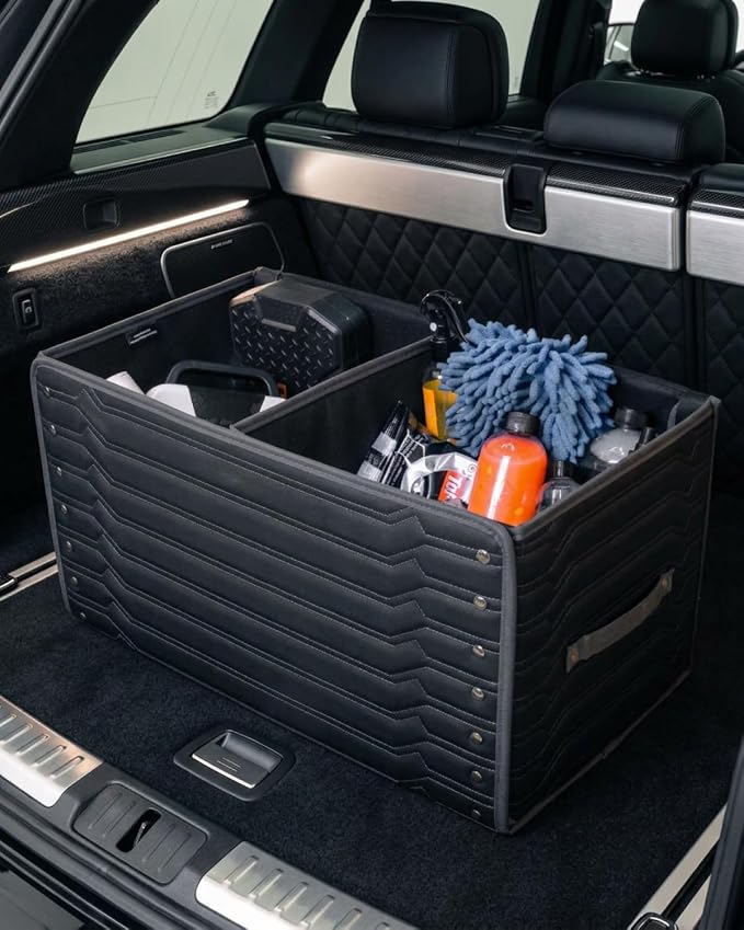 Owleys Trunk Storage 17.7" Collapsible Crate For Groceries, Tools & Travel Gear - Eco-Leather Car Organizer With Magnetic Lid - Practical Birthday Gift For Men (Highway 17) by OwleysCarAccessories