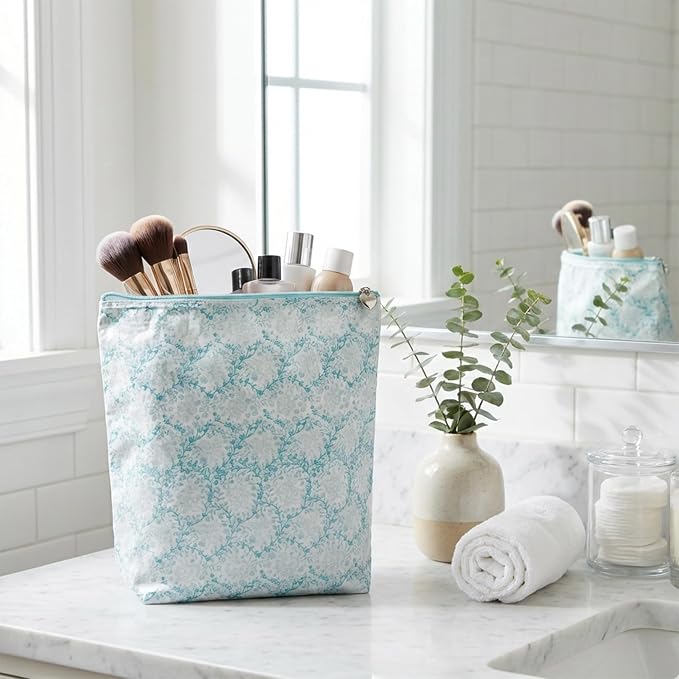 Jacaranda Living Large Cosmetic Bag - Water-Resistant, PVC-Lined - Aqua Trellis - Image 4