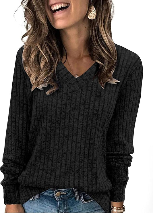 Sampeel V Neck Long Sleeve Shirts for Women Casual Fall Tops Lightweight Tunic Sweaters Fashion Clothes Loose Fit 2025