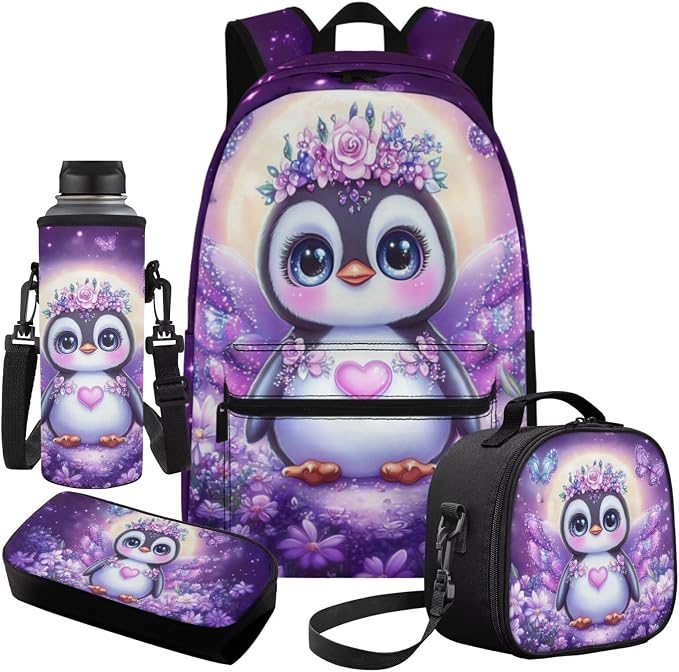 Cute Penguin Elementary School Backpack for Girls, Purple Girls Bookbag with Lunch Box, 4 Piece 17" Kids Bookbag Set with Lunch Box, Pencil Pouch & Leak-Proof Water Bottle Sleeve - Image 2
