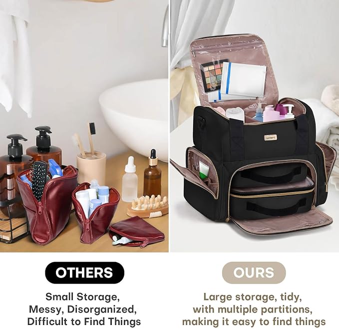 BAFAMYE Large Makeup Travel Cosmetic Bag with 2 Removable Case, Double Layer Big Travel Make Up Organizer Case, Toiletry Bag for Women, Train Cases Bags - Image 5