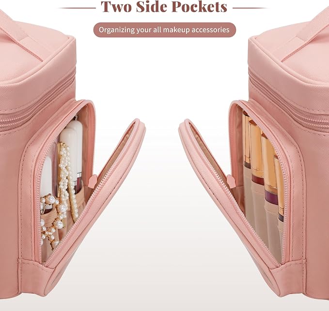 Bagmoly Large Makeup Bag, Portable Travel Makeup Bag Organizer for Women Girls with Makeup Brush Compartment & Two Side Pockets, Cosmetic Travel Bag Vertical Storage Toiletry - Pink - Image 6