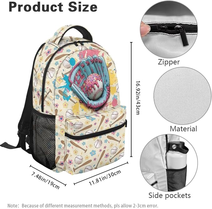 Donut Glove Baseball 4-in-1 Backpack Set with Lunch Box, Pencil Case & Dinosaur Charm for Girls Ages 8-10 3rd 4th Grade Kids Back to School Bag 17 Inch Sports Backpack - Image 4