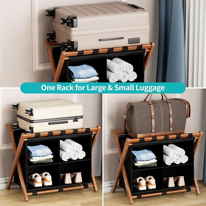 Bamboo Luggage Rack with 4 Storage Compartments, Foldable Suitcase Stand for Guest Room, 150lbs Capacity, Sturdy, Space-Saving and Easy to Assemble Organizer - Image 2
