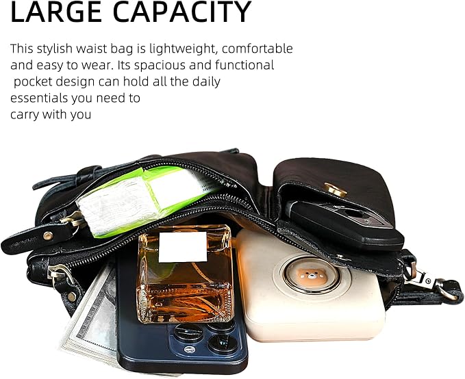 Water Resistant Canvas + Leather Hiking Riding Travel Fanny Waist Pack Small Phone Pouch For Men Women FB811-29 (100% Leather-The 8135 Black) - Image 6