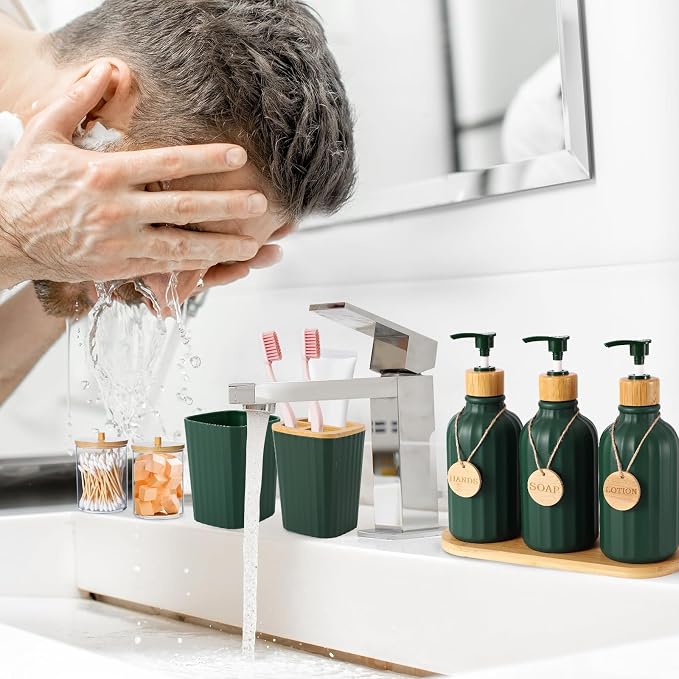 XLHOMO Bathroom Set 17PCS Bathroom Accessories with Trash Can 3PCS Lotion Soap Dispenser,Bathroom Accessories Set Green Bathroom Sets for Bathroom Decor - Image 4