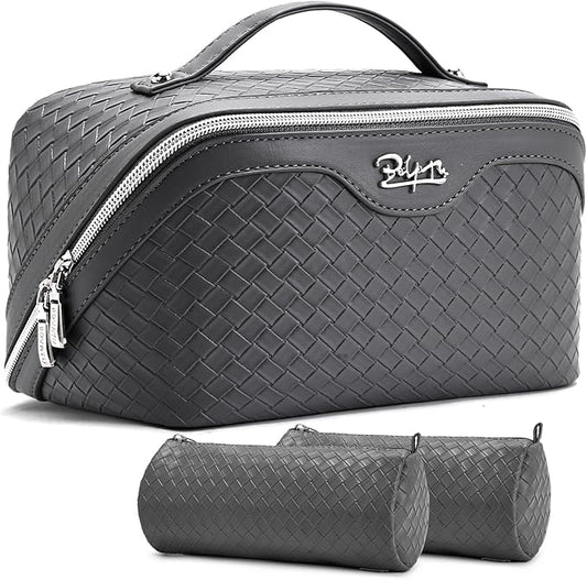 BOYATU Travel Makeup Bag Cosmetic Bags for Women: Large Capacity 3 Pcs Set Make up Bag with Compartments - Waterproof Vegan Leather Toiletry Organizer Bags with Handle (L07Grey) by BOYATU