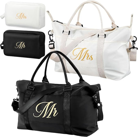 Sanwuta 4 Pcs Mr Mrs Duffel Bag Set 2 Honeymoon Travel Bags with 2 Toiletry Pouches Weekender Gym Tote for Couple Wedding Engagement Valentines His Hers Gifts Bridal Shower Gifts by Sanwuta