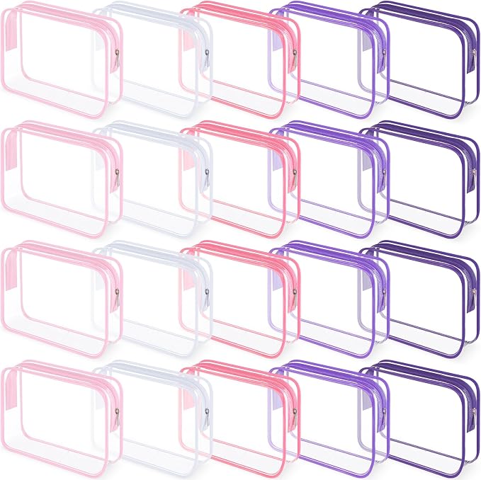 20 Pcs Clear Makeup Bags Bulk Travel Toiletry Bag 7 x 5.5 x 1.6 Inch PVC Zipper Pouch Waterproof Plastic Cosmetic Case Portable Organizer for Women Summer Bathroom (Pink Purple) by Cunno