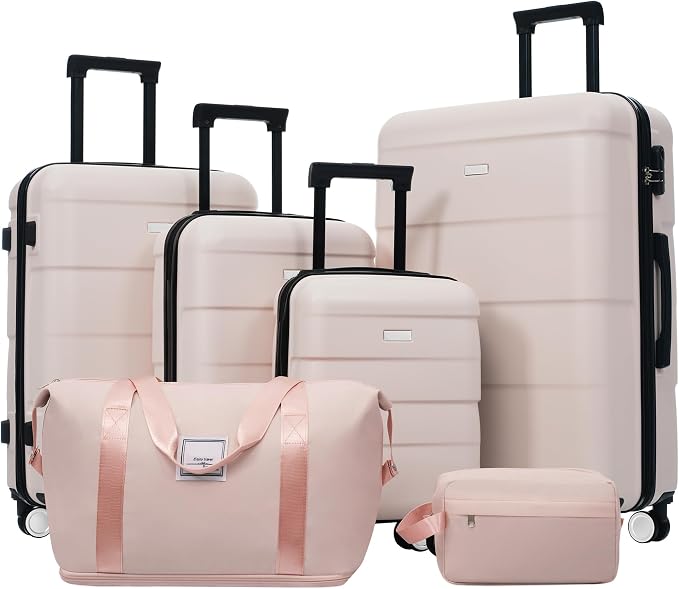 6 Piece Luggage Set Hard Shell - Light Pink Traveling Suitcases with Spinner Wheels and Duffel Bags for Family Travel, Durable Carry On Luggage Sets with Lock for Women and Girls by Unknown