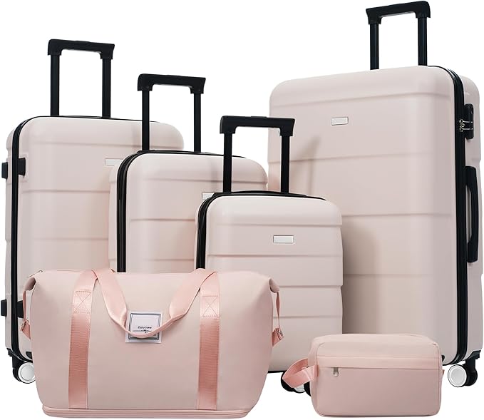 6 Pcs ABS Hardshell Luggage Sets Spinner Wheel Suitcase Lock Suitcases Light Pink by Merax