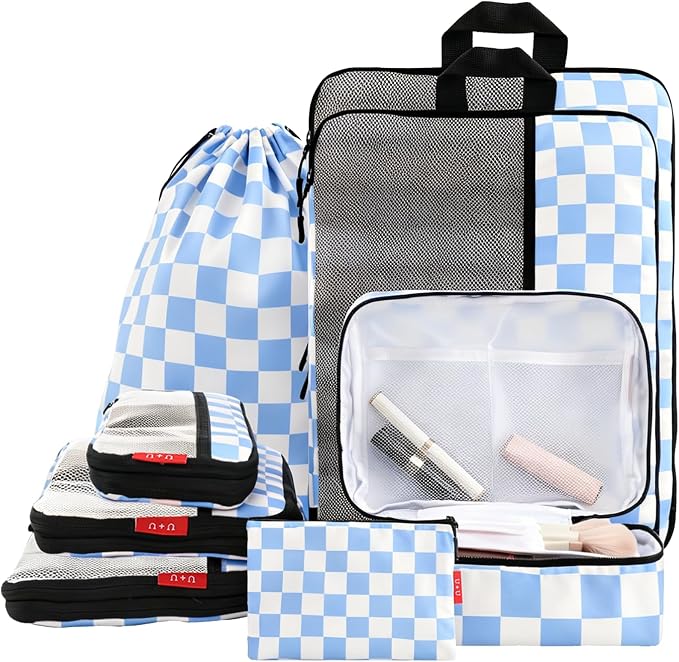 U+U 8 Set Compression Packing Cubes - Ultralight Travel Organizers with Laundry Bag and Cosmetic Bag, Space-Saving Suitcase Organizer for Travel, Business Trip and Family Vacation (Blue Checkered) by UU