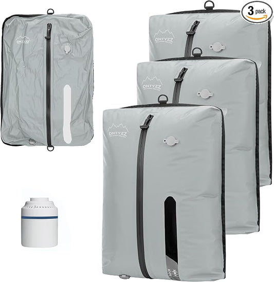 ONTYZZ Vacuum Bags for Travel, Reusable Vacuum Compression Bag, Recycled IPX8 Waterproof Space Saver Bag for Luggage/Camping/Home Storage (3 Pack with Air Pump-Grey) by OTNYZZ