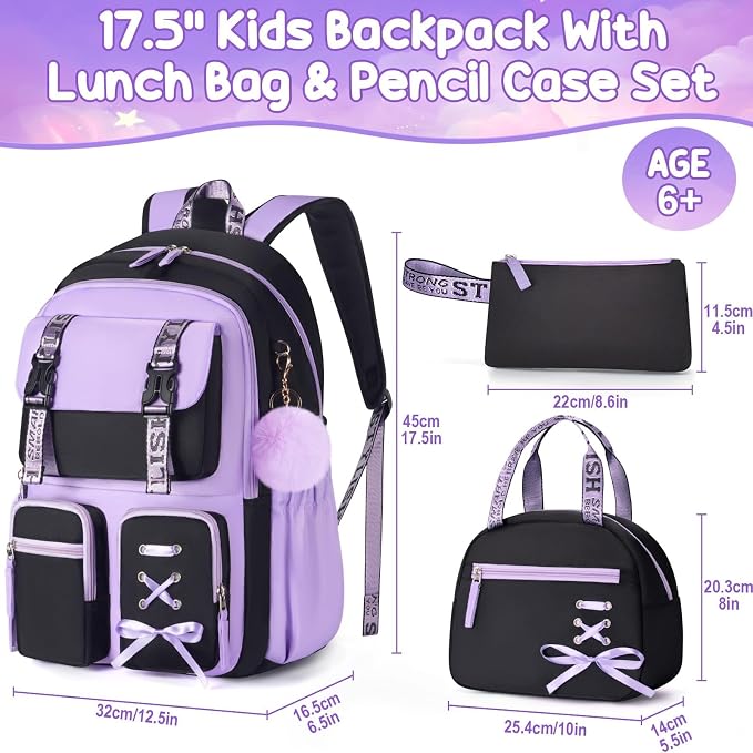Fimibuke Backpack for Girls, 3 PCS Waterproof Girls Backpack with Lunch Box & Pencil Case, Kid Backpacks for Teen Girl Kindergarten Elementary Middle High School Student Back to School Kid Bookbag Set - Image 2