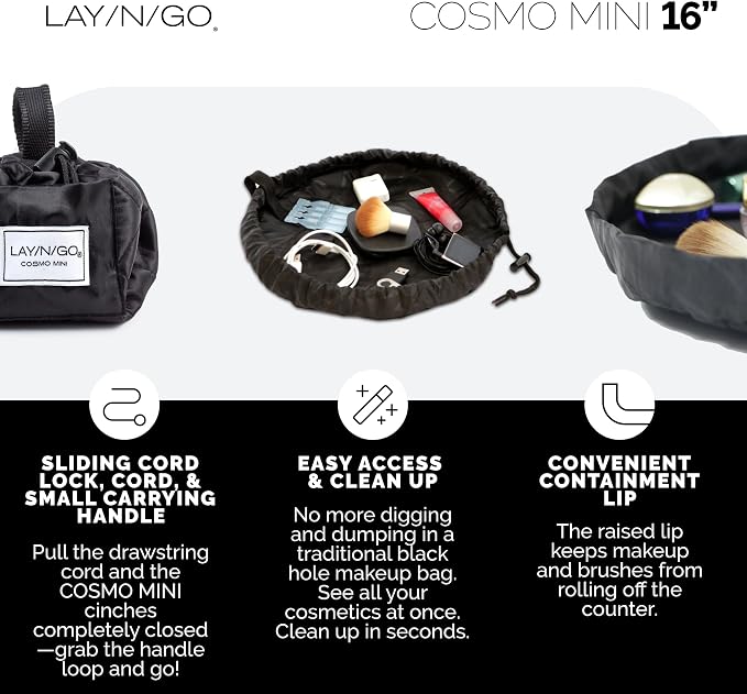 Lay-n-Go Cosmo Layflat Drawstring Cosmetic & Makeup Bag Organizer - Portable Drawstring Makeup Bag w/Zipper Pocket & More - Durable, Machine Washable Toiletry Bag for Travel (16", Crossmark) - Image 3
