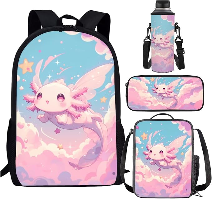 Cute Axolotl Backpack for School Girls 1st Grade with Lunchbox 4 in 1 Kids Bookbag and Lunch Box Set 17in Elementary Schoolbag Lunch Bag Pencil Case Primary Back Pack Water Bottle Carrier by SCRAWLGODDreamWardrobe