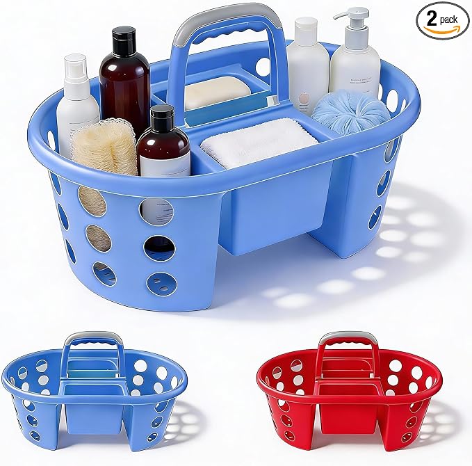 SIMPLYKLEEN Large Shower Caddy Portable 2PC - Made in USA Plastic Jumbo Size Dorm Storage Candy Tote with Handle Shower Organizer for Bathroom, Pantry, Kitchen, College Dorm, Red/Periwinkle by SIMPLYKLEEN