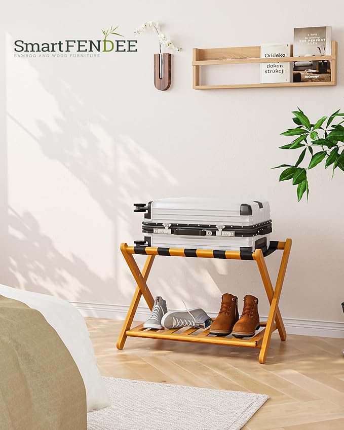Smart FENDEE Pack of 2 Fully Assembled Bamboo Luggage Racks with Shoe Shelf, 5 Heavy-Duty Straps Folding Suitcase Stand, Luggage Holders for Guest Room Must Haves, Ideal for Bedroom, Hotel, Honey Oak - Image 7