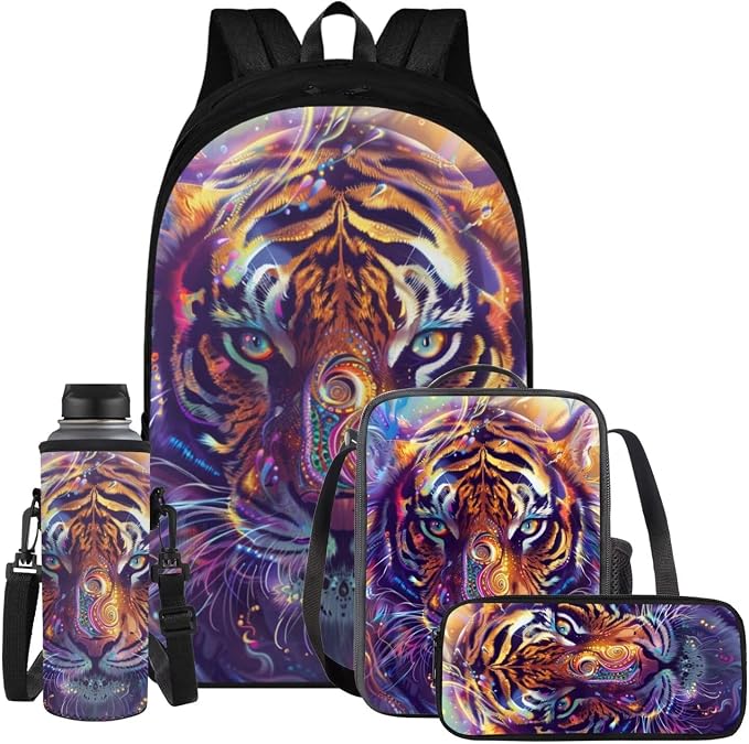 Tiger Backpack for Kids Girls Backpack with Lunch Box Water Bottle Holder and Soft Pencil Case 4PCS Bookbag with Compartments 17 inch Sturdy School Bag with Side Pocket for Elementary Girls by ELEDIZI