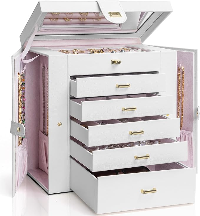 AKOZLIN 6-Tier Jewelry Box Organizer Functional 5 Drawers Leather Jewelry Storage Case for Women Girls Ring Necklace Earring Bracelet Holder Organizer with Mirror Extra Large White by AKOZLIN