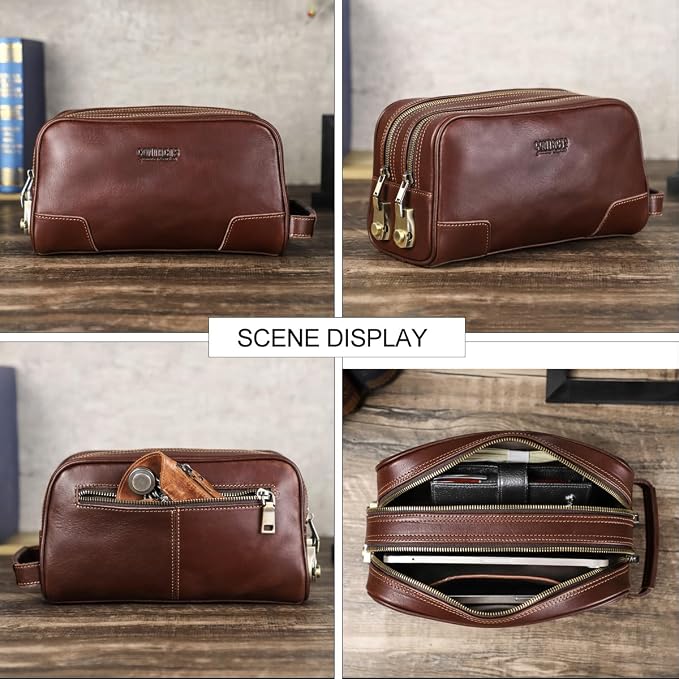 CONTACTS Full Grain Leather Toiletry Bag with Lock for Men Travel Bag Shaving Dopp Kit Organizer Clutch with Handle and Double Combination Lock - Image 9