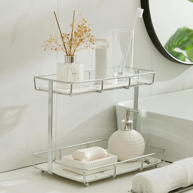 Bathroom Organizer Countertop Perfume Organizer Makeup Organizer Cosmetics Storage Display Rack Vanity Tray Dresser Stainless Steel Gold Shelf White Marble Ceramic Tray (2 Tier L-Sliver) | Perfume Organizer by Dobbyby