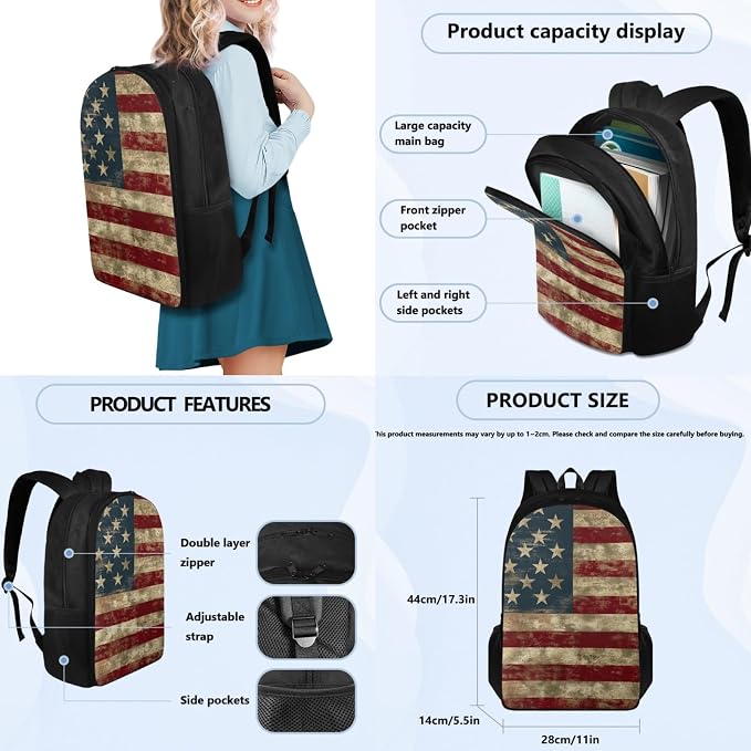 Coloranimal American Flag 3Pcs Backpack Set with School Bag Mini Lunch Bag Pencil Case School Backpack with Adjustable Shoulder Straps 17 Inch Large Capacity Book Bag - Image 2