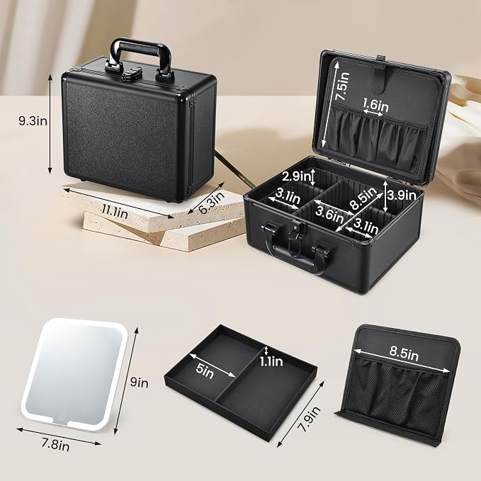 Faquenc Makeup Case with Lighted Vanity Mirror, Makeup Organizer Box Travel Make up Case with LED Mirror Portable Cosmetic Train Case for Countertop Lockable Makeup Suitcase with Adjustable Dividers - Image 7