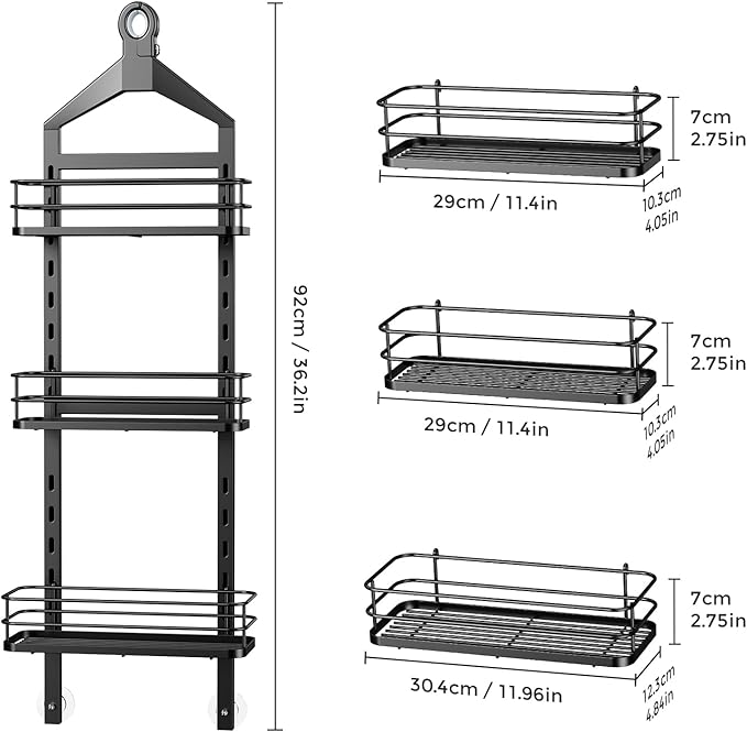 ODesign 3 Tier Height-Adjustable Shower Caddy Hanging Hanger Anti-Swing-Over The Shower Head Caddy-Shower Storage Organizer Bathroom Shelves Basket Shower Caddies-Black,11.9" x 4.84" x 36.2" - Image 9