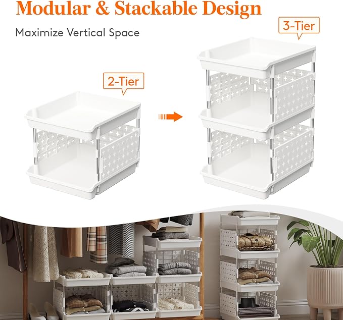 Lifewit Plastic Stackable Storage Baskets, 3 Tier Stacking Bins for Food and Clothes, Multifunctional Organizer for RV, Kitchen, Playroom, Pantry, White, 35 x 30 x 50 cm/14 x 12 x 20 inch, 1 Pack - Image 5