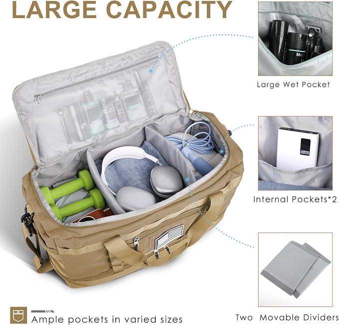 Travel Bag for Men Women, Gym Bag & Tactical Duffle Bags for Travel, Carry on with Toiletry Bag and Shoe Compartment, Weekender Overnight Trip with Wet Pocket for Workout Medical, Brown - Image 2