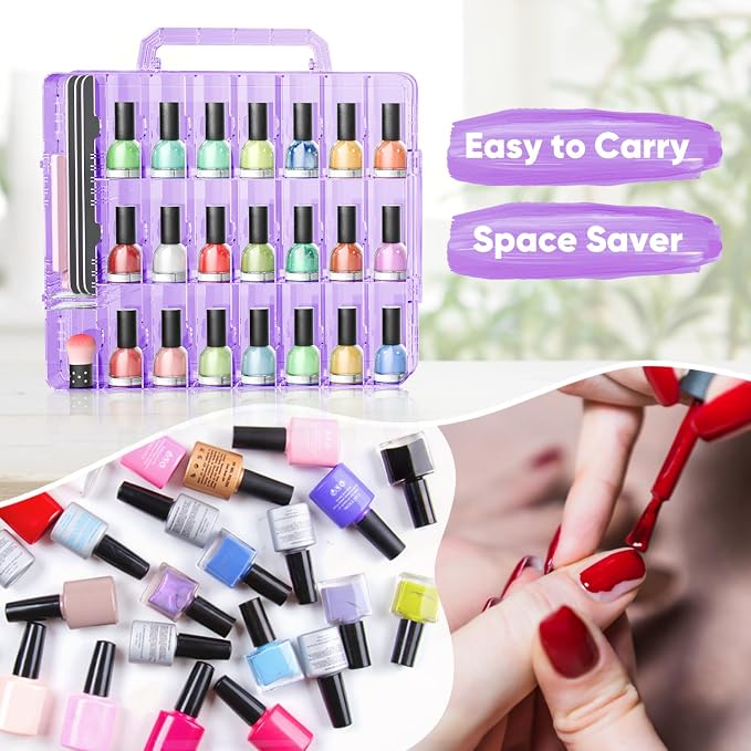 JIASHENG Nail Polish Organizer Case Holders 48 Bottles Nail Storage Box | Double Side Adjustable Space Divider for Acrylic Nail Gel Dip Powder Tips Set with Toe Separator, Purple - Image 4