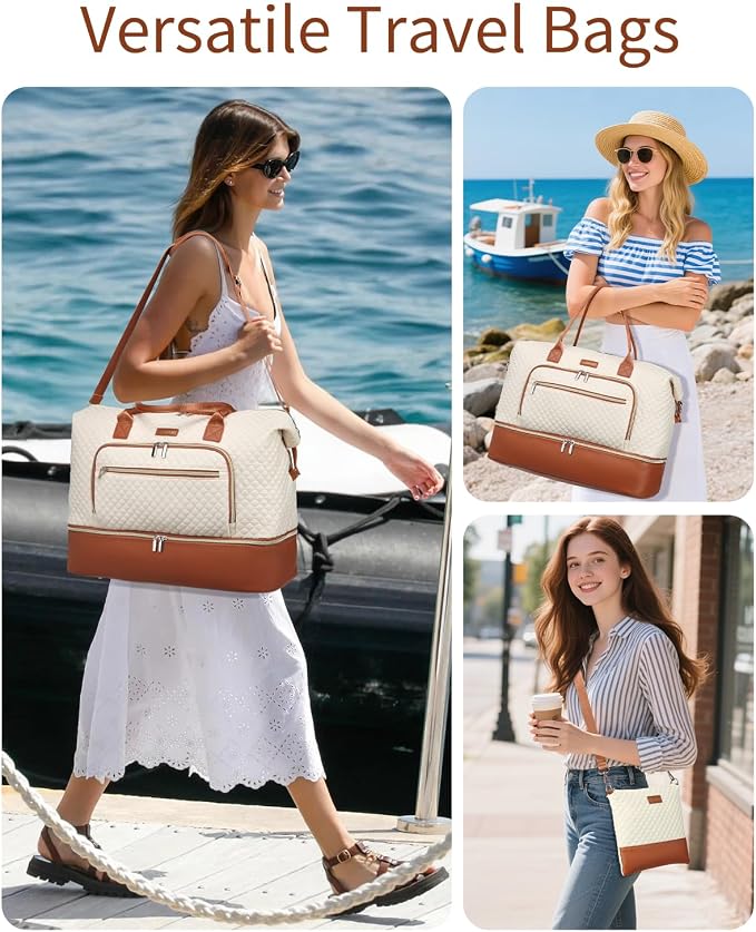 Weekender Bags for Women Travel, Under Seat Carry On Bags for Airplanes Overnight Bag with Shoe Compartment Luggage Sleeve, Foldie Travel Tote Bag Hospital Bag, Travel Gifts, Beige Brown - Image 2