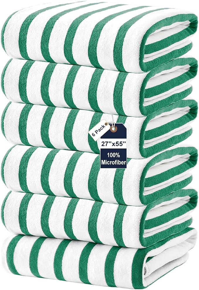 JML Microfiber Beach Towels, 6 Pack, 27" x 55", Large Bath Towel Set for Adult- Cabana Stripe - Absorbent, Quick Drying Lint-Free, No Fading for Summer Party, Pool, Sport, Yoga, Swimming, Green by JML