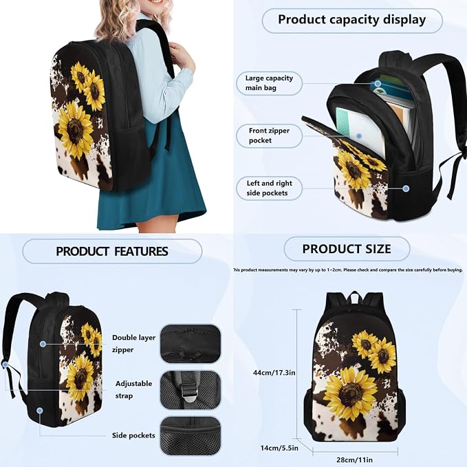 Coloranimal Cow Sunflower 3Pcs Backpack Set School Bag for Children Boys Girls Bookbag+Mini Lunch Food Container Box Bag Pencil Case Back to School Gifts - Image 2