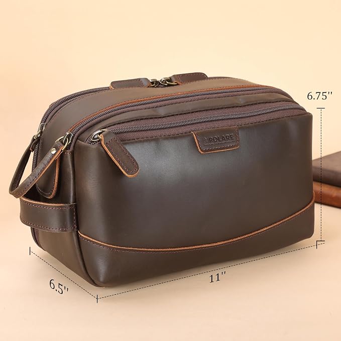 Polare Full Grain Leather Toiletry Bag for Men Large Travel Cosmetic Case Dopp Kit Shaving Kit Wash Pouch with YKK Zippers - Image 6