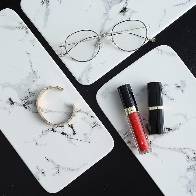 Bathroom Organizer Countertop Perfume Organizer Makeup Organizer Cosmetics Storage Display Rack Vanity Tray Dresser Stainless Steel Gold Shelf White Marble Ceramic Tray (2 Tier L-Black) - Image 5