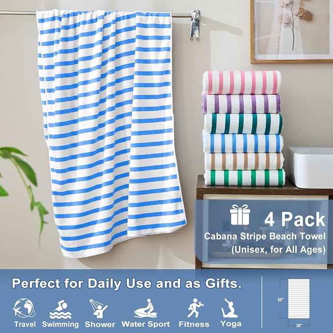 JML Microfiber Beach Towels, 4 Pack, 30" x 60", Cabana Stripe, Soft, Absorbent, Quick Dry Large Bath Towel Set for Adult, Travel, Summer Pool Party, Sport, Swimming, Yoga, Camping, StripeBlue - Image 2