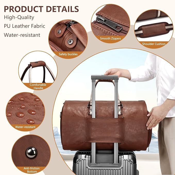 Leather Garment Bags for Travel, Convertible Carry on Garment Duffel Bag for Men, 2 in 1 Waterproof Foldable Travel Suit Bag with Shoulder Strap Weekender Bag with Shoe Pouch - Image 5