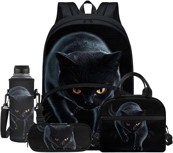 4Pcs Black Cat Print Travel Backpacks for Men Women Adults School Bag Large Capacity Bookbag Schoolbag Tote Lunch Bags Pencil Bag for Purse Fountain Pens Work Camping Diaper Bag Daypack by Jndtueit