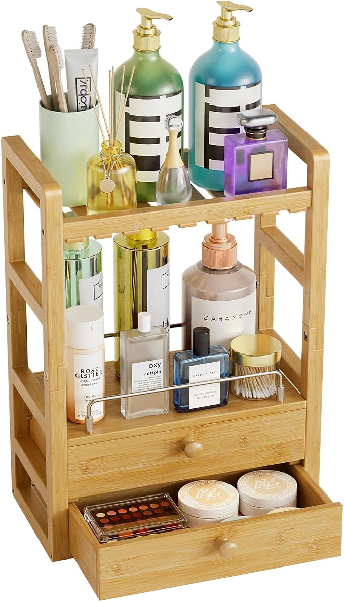 AmazerBath Bamboo Bathroom Countertop Organizer, 2-Tier Makeup Organizer with 2 Drawers, Vanity Organizer Storage Coffee Matcha Station, Compact Shelf for Bathroom Kitchen Office - Image 8