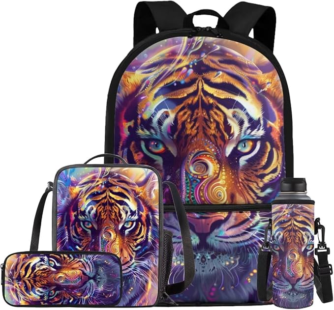 Tiger Backpack for Kids Girls Backpack with Lunch Box Water Bottle Holder and Soft Pencil Case 4PCS Bookbag with Front Pocket 17 inch Sturdy School Bag with Side Pocket for Elementary Girls by ELEDIZI
