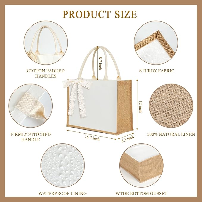Burlap Tote Bag Set with Ribbon, Reusable Blank Water Resistant Grocery Bags - Image 3