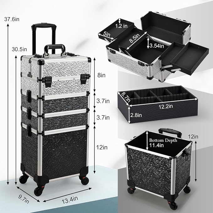 Stagiant Rolling Makeup Train Case Cosmetology Case on Wheels 4 in 1 Large Cosmetic Case with Wheels Makeup Travel Case with Keys Nail Kits Organizer Artist Salon Storage Traveling Cart Trunk Tricolor - Image 5