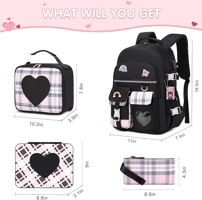 ACESAK Girls Backpack - Bento Box with Insulated Lunch Bag Pencil Case & Utensils Set for Kids, 6 Leakproof Compartments Removable Tray Lunches or Snack Container for School (Black) - Image 2