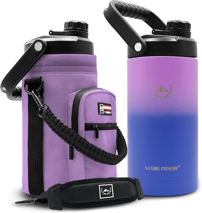 NATURE PIONEOR 64 oz Insulated Water Bottle Jug with Carrier Bag | 18/8 Food-grade Stainless Steel, Double Vacuum Insulation, Wide-Mouth, Straw & Spout Lid, Strap, Camping, Hiking, Gym, Work by NATUREPIONEOR