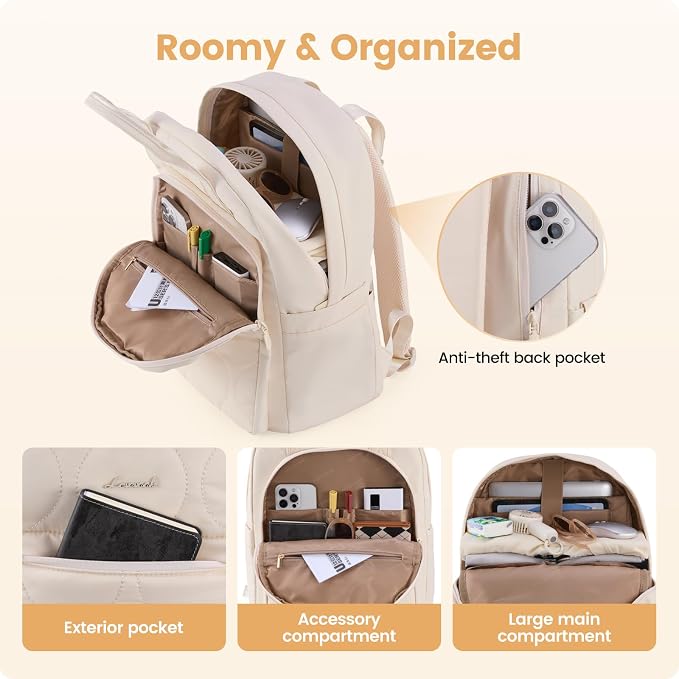 LOVEVOOK Laptop Backpack for Women, College Travel Backpack Puffer Womens Backpack for 17.3 Inch Laptop, Computer Water-Resistant Quilted Casual Daypack, Beige - Image 5
