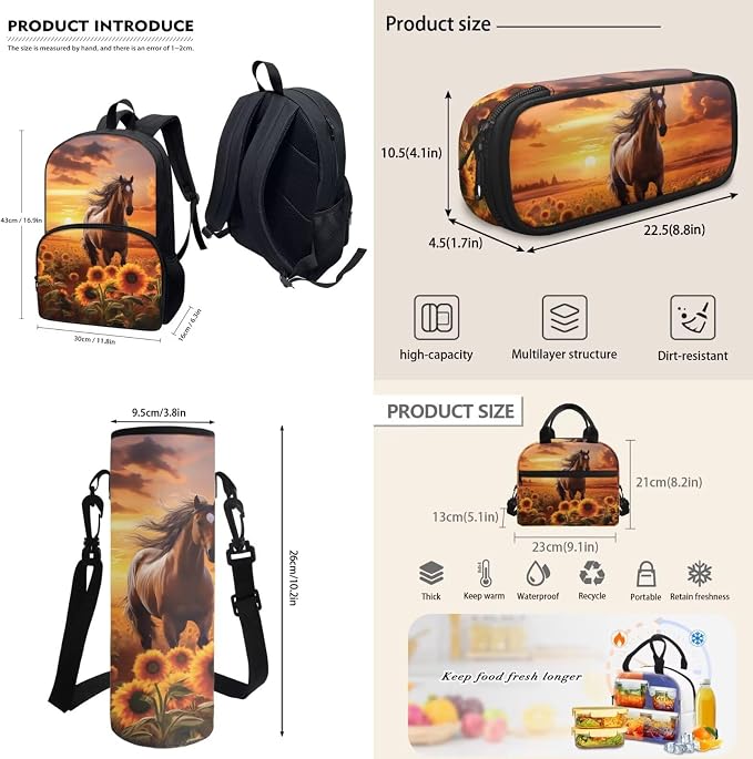 Brown Horse Sunflower Sunset Student Schoolbag Big Capacity Book Bags Laptop Backpack for Kids Girls Boys Pencil Case Lunch Bag Water Cup Pouch Travel Bookbag Rucksack with Compartments - Image 3