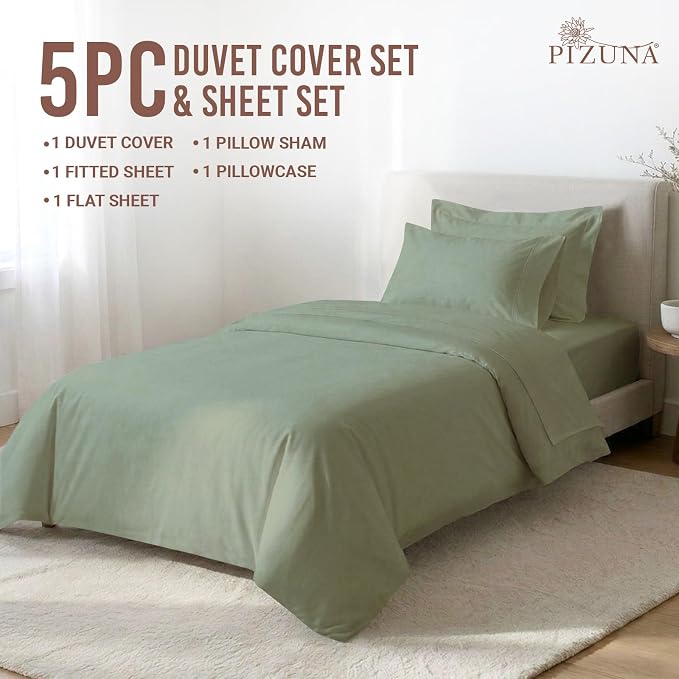 Pizuna Pure 100% Long-Staple Cotton Duvet Cover + Sheet Set Twin, Luxurious 400 Thread Count Long Staple Cotton, Soft Sateen Weave Bedding Set (Sage) - Image 3